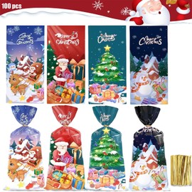 Pack of 100 Christmas Cookie Bags, Cellophane Bags, Clear, Christmas Candy Bags, with 150 Twist Ties (C)