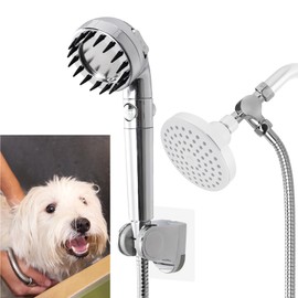 Hygie Rinse Handheld Dog Shower Attachment with Massage Head for Fast and Easy Dog Bathing and Cleaning, Included Garden Adapter for Indoor and Outdoor Dual Use, Handheld Sprayer with Hose, Chrome