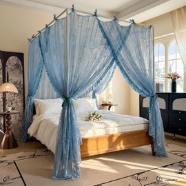 AIKASY Bed Canopy Mosquito Net for 4 Corner Post Beds, Full Size Lace Bed Curtain with Hanging Ribbons and Floral Embroidery, Sheer Netting for Girls and Adults/Peacock Blue