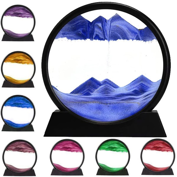 rysnwsu 3D Dynamic Sand Art Liquid Motion, Moving Sand Art Picture Round Glass 3D Deep Sea Sandscape in Motion Display Flowing Sand Frame Relaxing Desktop Home Office Work Decor (Blue, 7 inch)
