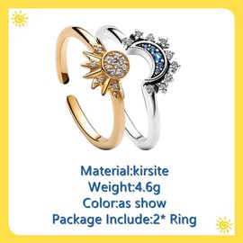 GAUEIOUR Celestial Sun and Moon Overlay Ring，Sun and Moon Shining Together Design Feeling Layered Women's Ring，Diamond Set Open Ring