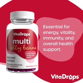 VitaDrops Multivitamin Jelly Beans, Women & Men, Source of Vitamin A C D E B-3 B-6 & Biotin, Supports Immune System, Pectin Based, Vegan & Gluten Free, Strawberry Flavor, 90 Jelly Beans, 30 Servings