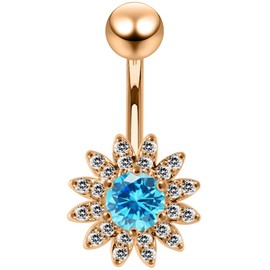 Aquamarine Cz Stone Round Center with Sun Flower Design Rose Gold Plated Sterling Silver with Stainless Steel Belly Ring - Belly Button jewelry - Navel jewelry - Silver Navel Ring