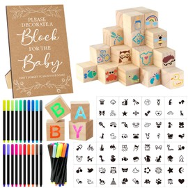 AryiHitt 97 Pcs Baby Shower Game Sign Set Includes Decorative Square Signs 56 DIY Blank Wooden Blocks 20 Paint Markers (Kraft)