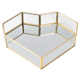 HomDSim Heart-Shaped Vintage Gold Mirror Glass Vanity Tray,Ornate Geometric and Brass Plated Display Storage Organizer for Makeup Brushes/Lipstick/Skincare/Perfumes/Beauty Room/Bathroom Accessories