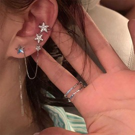 Aneneiceera Vintage Crystal Star Ear Cuff Earrings Silver Cz Chain Dangle Cuff Earring Rhinestone Star Cuff Earring Long Drop Helix Ring Cuff Earrings Jewelry for Women