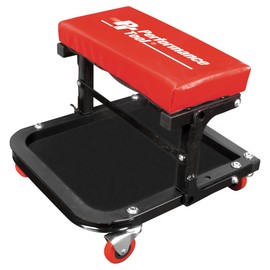 Performance Tool W85021 Folding C-Frame Creeper Rolling Work Seat with Tool Tray for Mechanic Garages and Workshops, Black/Red, 12.5-inch Height