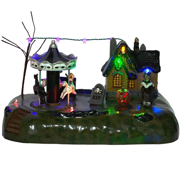 Animated Halloween Carousel Village House, LED Spooky Festival Display Collection