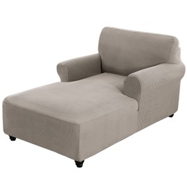 Fitted Chaise Lounge Couch Cover - Double Arm, Stretch Chair Slip Cover - Washable Furniture Protector (Taupe, Small Checks)