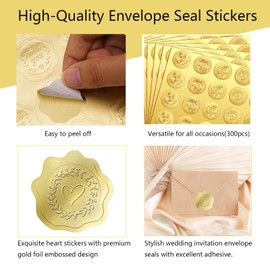 100 Pcs Gold Foil Embossed Heart Stickers, Self-Adhesive Wax Seal-Like Heart Envelope Seal Sticker for Envelopes Wedding Party Bridal Shower Invitations Greeting Cards Party Favors Gift Wrapping