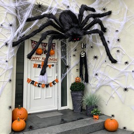 Kinearcharms Araña Gigante de Halloween 150 cm con Ojos Rojos + Telaraña 280 g con 60 Arañitas Falsas - Decoración Halloween Exterior e Interior para 