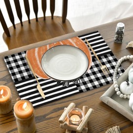 Aremetop Buffalo Plaid Striped Pumpkins Fall Placemats Set of 6, 12x18 Inch Seasonal Farmhouse Autumn Table Place Mats for Thanksgiving Party Kitchen Dining Decoration (Orange Pumpkin)