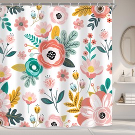 Riyidecor Pink Floral Shower Curtain for Bathroom Decor 72Wx72H Watercolor Colorful Flower Tropical Leaves Spring Botanical Sage Green Art Printed Fabric Polyester Waterproof 12 Pack Plastic Hooks