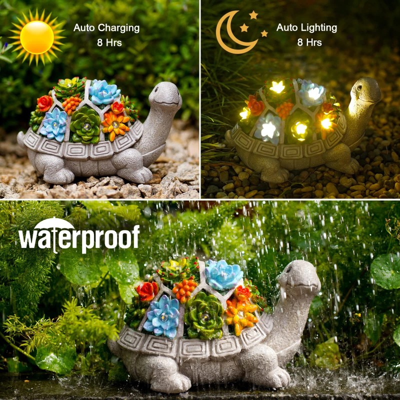 Nacome Solar Garden Outdoor Statues Turtle With Succulent And 7