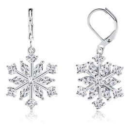 FANCH Snowflake Earrings Silver for Women 18K White Gold Plated Leverback Dangle Christmas Snowflake Earrings High Polished Silver Dangle Drop Earrings