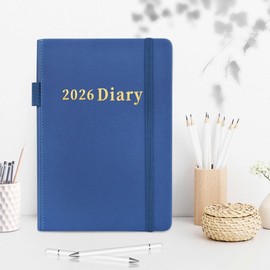 2026 Diary-2026 Diary A5 Page a Day Diaries 2026 Day Per Page from January 2026 to December 2026 Back To School Daily Planner Faux Leather Cover,Pen Holder(Blue)
