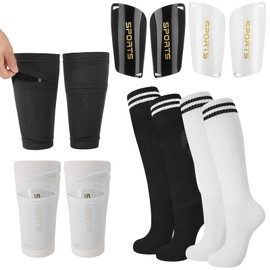 2 Pair Kids Football Socks Set with Shin Pads Boys and Shin Pad Sleeves, Football Socks Knee High Breathable Kids Shin Pads Comfort Fit for Girls Boys Junior Soccer Training (7-12 Years)