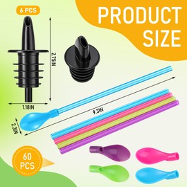 Sliner 6 Pcs Ice Syrup Precise Control Bottle Pouters 60 Pcs Hard Plastic Spoon Straws 9 in Detachable Kitchen Utensil Stirring Coffee Spoon, Professional Pour Spouts for Snow Cone & Drink Flavors