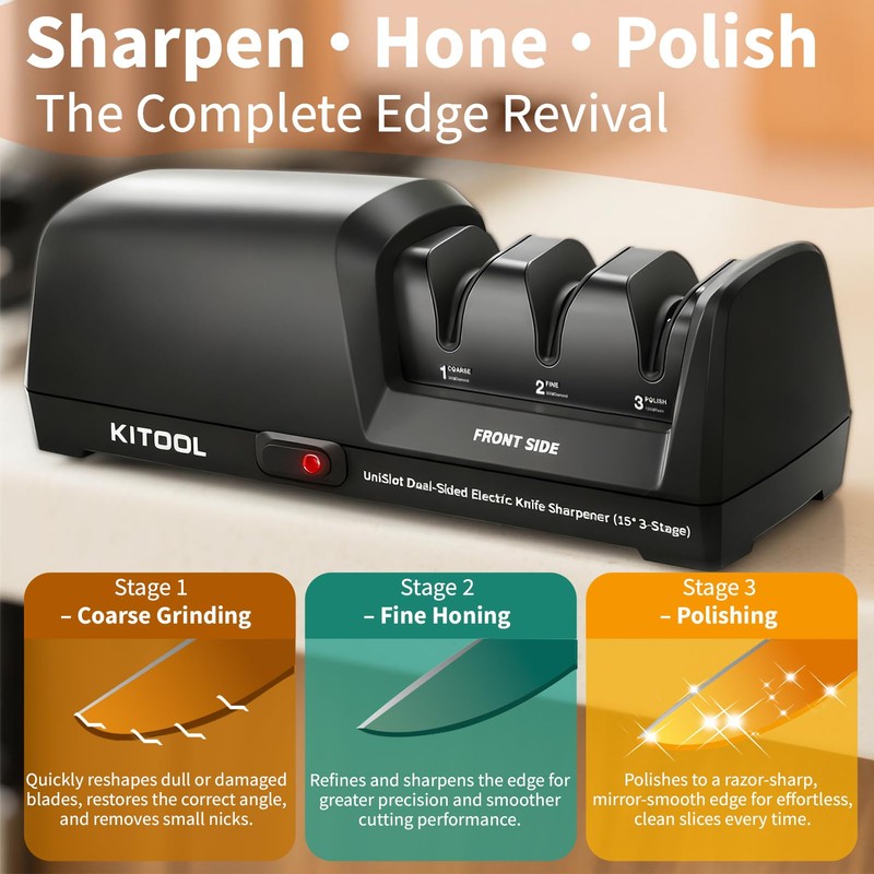 KITOOL Electric Knife Sharpener, Dual-Sided 3-Stage Sharpener with 100% Diamond