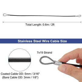 sourcing map 1/8" (3mm) 2ft (0.6mm) 304 Stainless Steel Cable Wire Rope with Looped Ends 7 x 19 Strands Core PVC Coated Aircraft Wire for Outdoors Marine Rigging Decking Railings, Black