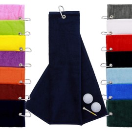 aztex Tri-Fold Golf Towel with Carabiner Clip, Cotton Velour, 590gsm, Navy Blue