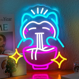 LED Ramen Bear Neon Light Cute Blue Bear Noodle Neon Sign for Wall Decor Dimmable Japanese Wall Decor for Gaming Rooms, Restaurants, Bars & Kids Bedrooms, Unique Gift with Safe Indoor Use