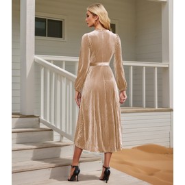 ETOSELL Women's Velvet V Neck Puff Sleeve Dress for Wedding Guest Cocktail Elegant Bodycon Party Midi Dress Champagne