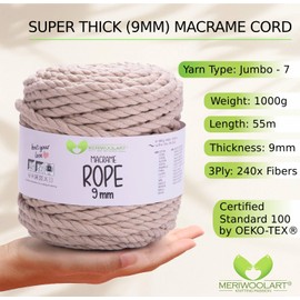MeriWoolArt® Premium Macrame Yarn 9 mm x 10 m (Beige), Cotton Yarn Cord, Thick Macrame Rope for Wall Hanging, Hanging Basket, Curtain and More DIY Crafts