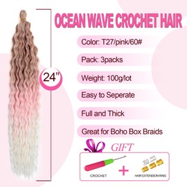 Ocean Wave Braid Hairstyle for Black Women, Deep Wave Crochet Hair, Ocean Wave Crochet Synthetic Hair Extension for Boho Braids, (27/Pink/60#, 24 Inches, 3 Packs)