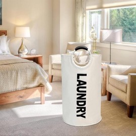 Laundry Basket with Handle, Collapsible Round Laundry Hamper, Foldable Dirty Clothes Storage Organizer for Home Bathroom Laundry Room, Room Decor, Household Essentials, Summer for Gift, Bedroom Decor - Color: Beige, Specification: 82L*1pc