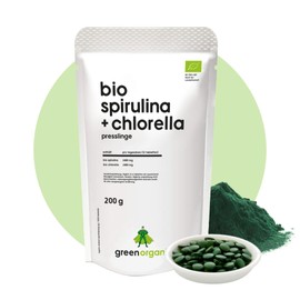 Organic Spirulina + Chlorella - 400 Tablets 200 g - 500 mg per Tablet - Plantensis and Vulgaris Algae - High Dose - Pellets - Controlled Organic Cultivation (200 g, Spirulina + Chlorella)
