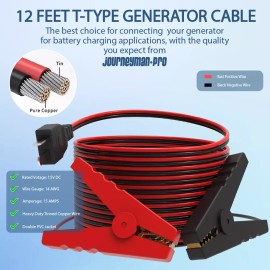 Journeyman Pro 12V DC Generator Battery Charging Cables 12 Volt T-Type Plug 14AWG 15A 12' Foot