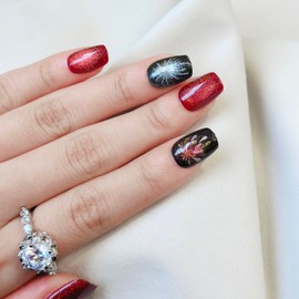 Fantasticlady Glue on Nails Short,Red Fireworks Cat Eye,Press on Nails Short Square,Short Fake Nails,False Nails Short,Acrylic Nails Press on,Short Nails Press on,Natural Nails for Women.