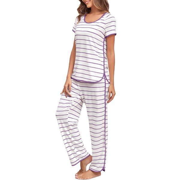FKEEP Stripe Pajamas Set Women Two-Piece Nightwear Short Sleeve Sleepwear