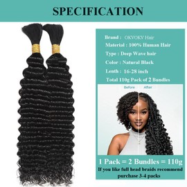 Human Braiding Hair for Boho Braids Deep Water Wave Bulk Human Hair 110g 24 Inch Curly Hair for Boho Braids Extensions No Weft 12A Wet and Wavy Human Hair Braiding Hair 2 Bundles/Pack Natural Color