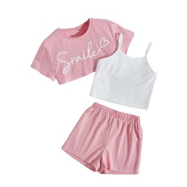 OYOANGLE Girl's 3 Pieces Summer Outfits Graphic Print Crop Tee Top and Cami Top with Shorts Set White and Pink 11-12Y