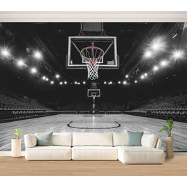 Basketball Court Black and White Sports Hoop Stadium Lights Empty Wall Mural Peel & Stick Wallpaper Removable Self-Adhesive Large Wall Sticker Wall Decor for Boys Room Bedroom Nursery 100"x144"