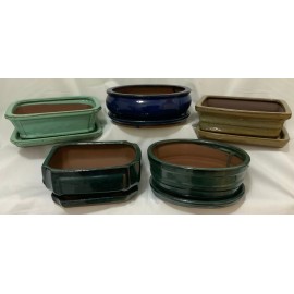 Unbranded 8" Glazed Ceramic Bonsai Pots with Matching Trays!! - Several Styles - Oval Pot Belly Azure Blue