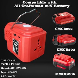 UUIRSTY 200W Power Inverter for Craftsman 20V Battery, DC 20V to AC 110-120V Battery Inverter, Battery Powered Outlet with 1 USB Ports & 1 Type-C & 1 AC Outlet,LED Portable Power Station Charger Adapt