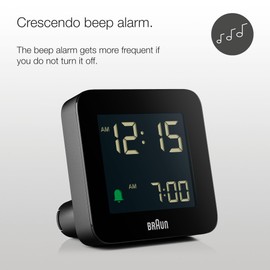 Braun Digital Alarm Clock with Snooze, Negative LCD Display, Quick Set, Crescendo Beep Alarm in Black, Model BC09B (1-Pack)