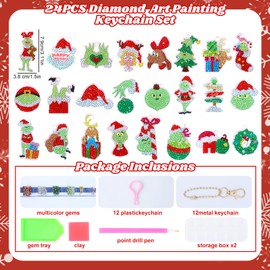 Diamond Art Painting Kits Advent Calendar 2024 24 Days Diamond Art Painting Keychain Red Green DIY Diamond Art Painting Kits Christmas Countdown Calendar DIY Art Crafts for Holiday Gifts