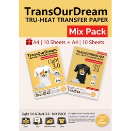 TransOurDream Iron-on Printable Heat Transfer Vinyl 3.0 Transfer Paper for Dark and Light Colored Fabrics-Inkjet & Laser Printer Mix Pack 10+10 Sheets A4