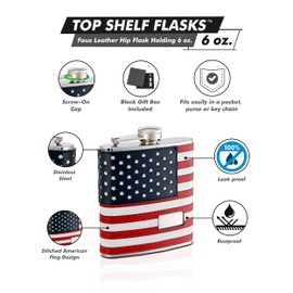 Faux Leather Hip Flask Holding 6 oz - Stitched American Flag Design - Pocket Size, Stainless Steel, Rustproof, Screw-On Cap - Blue, Red and White Finish Perfect for Engraving