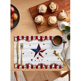 Savannan Placemats Set of 6, Independence Day American Flag Star Rustic Wooden Fourth of July Heat Resistant Non-Slip Burlap Place Mats for Dining Table Kitchen Party Holiday 13''x19'', Starssan51322