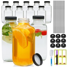 Maredash 16oz glass bottles with lids,juice bottles gifts for women,glass bottles with lids,glass water bottles. Kit includes Stainless Steels Straws,Two Types of Lids,Stickers,Pen,Cleaning Brush12pcs