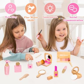 Wooden Makeup Toy Set, Pretend Play Makeup Kit for Toddlers Realistic Beauty Salon Set for Girls with Eyeshadow Lipstick Perfume Brush and Cosmetic Bag Birthday Gifts for Girls Toys Kids Aged 3 4 5 6