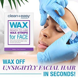 Clean + Easy Tiras de cera facial preenceradas, tiras de cera para depilación listas para usar, para cara, labio superior y cejas, 12 unidades