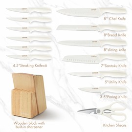 CAROTE CAROTE 15Piece Knife Set, Kitchen Knife Block Set, Elegant White Ceramic-Coated Blades with Stylish Wooden Block for Modern Culinary Excellence