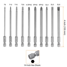 HARFINGTON 10pcs Screwdriver Bit Set SL4/5/6 PH2(4/5.0/6.0) T8/T10/T15/T20 S2 Steel 1/4" Hex Shank 4" Length Magnetic Slotted Phillips Torx Power Drill Bits