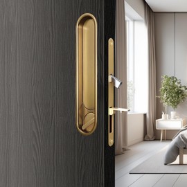 AcxdJnye Pocket Door Lock Hardware with Pull,Invisible Sliding Door Lock Handle, Recessed Door Handle Lock for Furniture Hardware, Gold